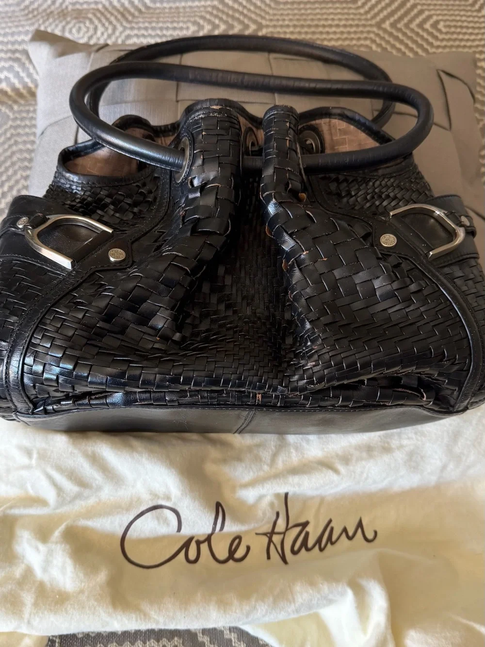 Cole Haan Black Woven Leather Hobo with Silver-Tone Accents